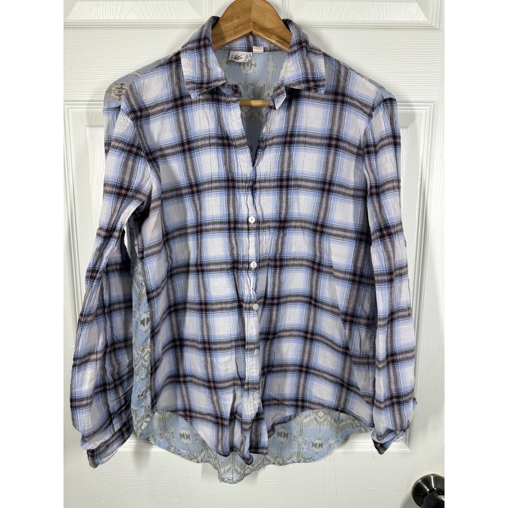 White Crow Button Down Shirt Womens Small Blue Plaid Mixed Media Sheer Back Top